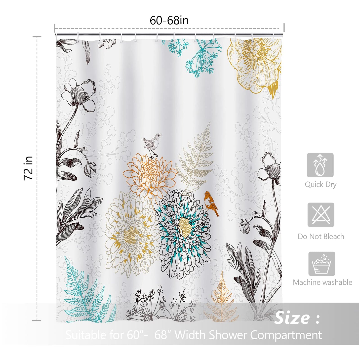 Bird Shower Curtain-White Shower Curtain Cute Shower Curtains for Bathroom Fabric Shower Curtain 72x72 Inch Shower Curtain Boho Shower Curtain Floral Shower Curtain - Style Quarters
