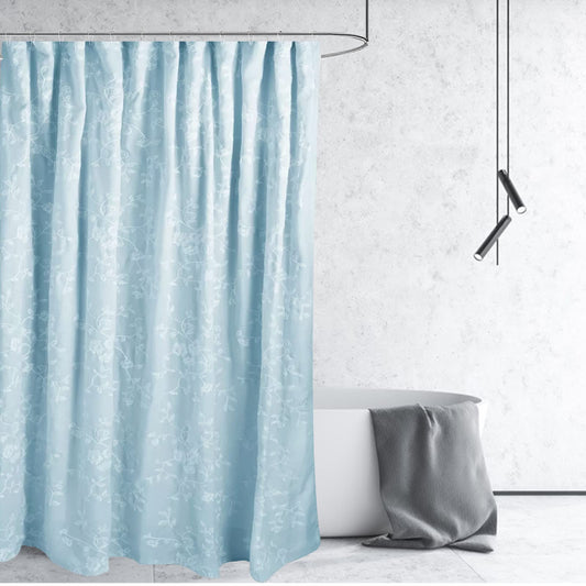 Blue Polyester Shower Curtains for Bathroom Embroidered with Crisp Flowers