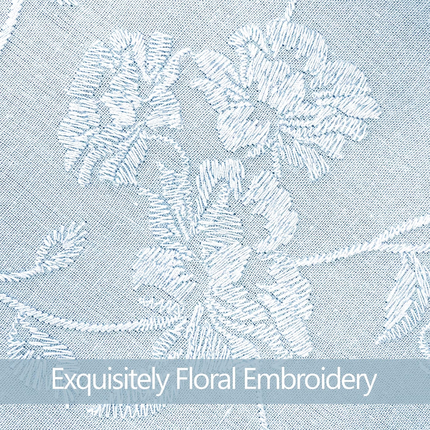 Blue Polyester Shower Curtains for Bathroom Embroidered with Crisp Flowers
