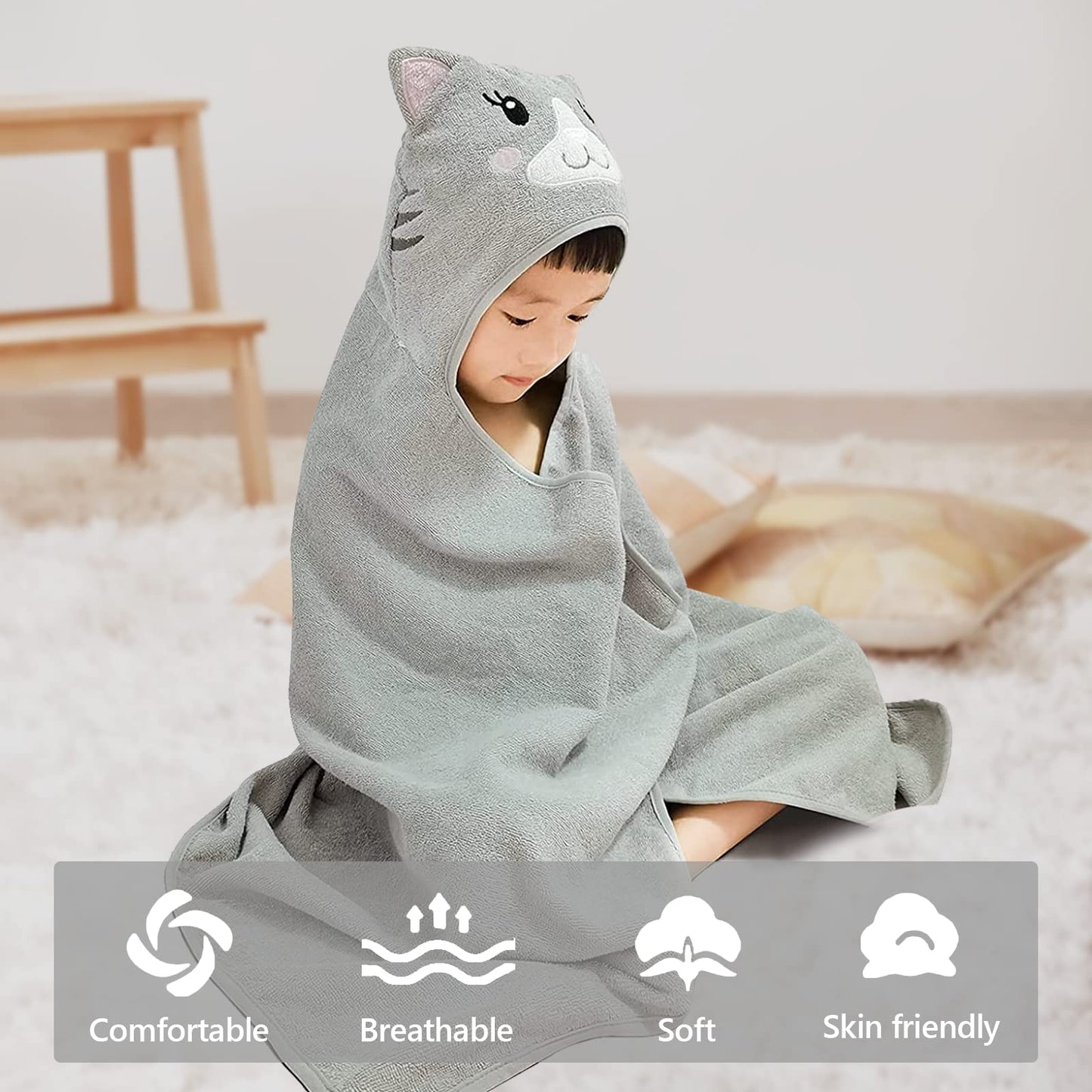 Kids Hooded Bath Towel - Cartoon Cat - Style Quarters