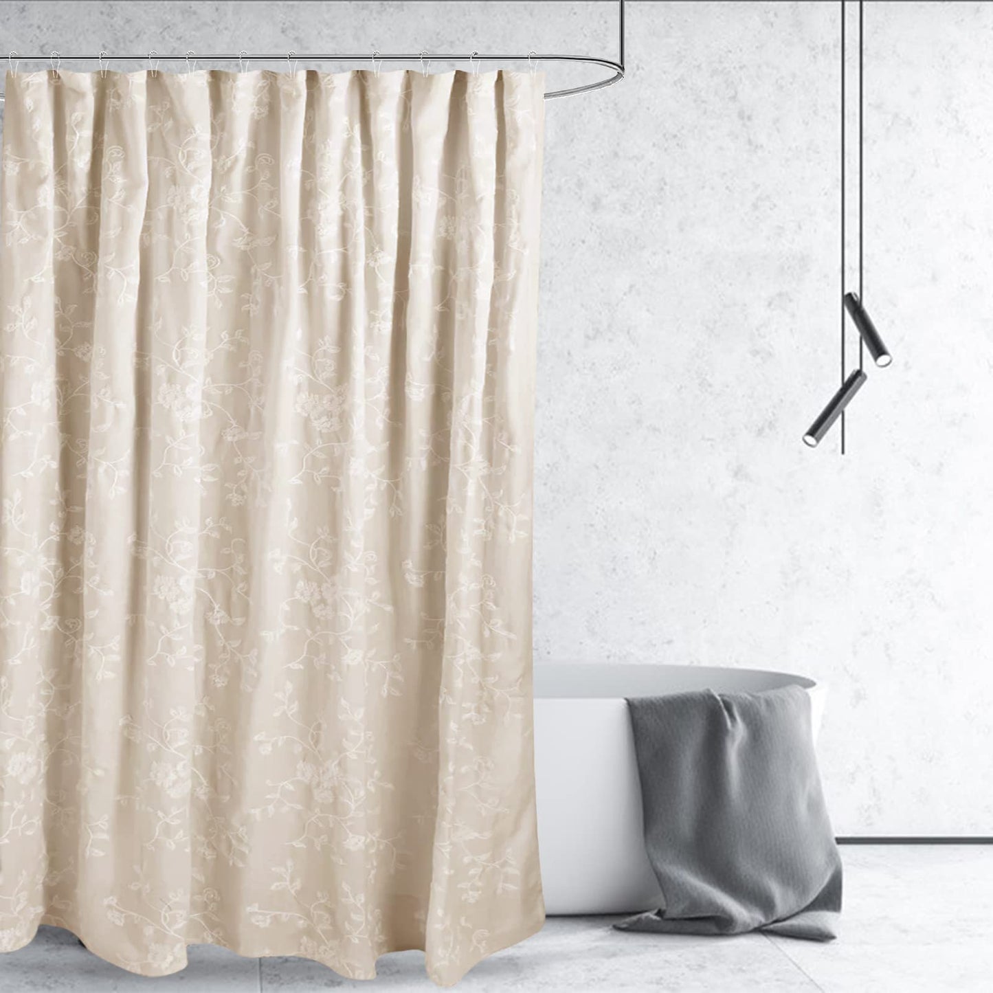 Linen Shower Curtains for Bathroom Embroidered with Crisp Flowers