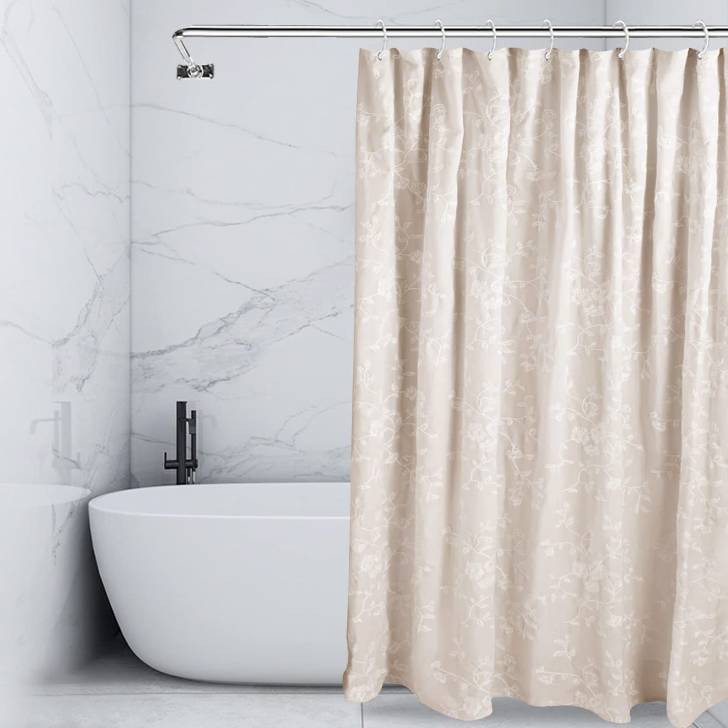Linen Shower Curtains for Bathroom Embroidered with Crisp Flowers