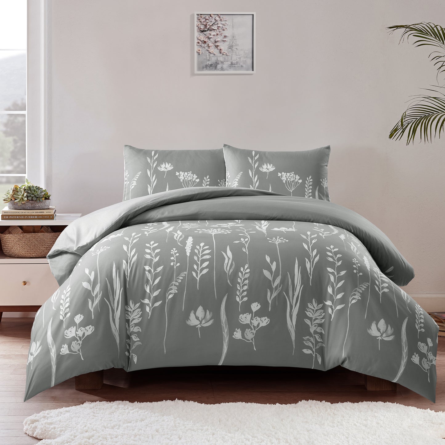Style Quarters 3PCS Duvet Cover 100% Polyester Grey White FloraDuvet Cover with Zipper Closure 4 Ties Includes 1 Duvet Cover + 2 Shams