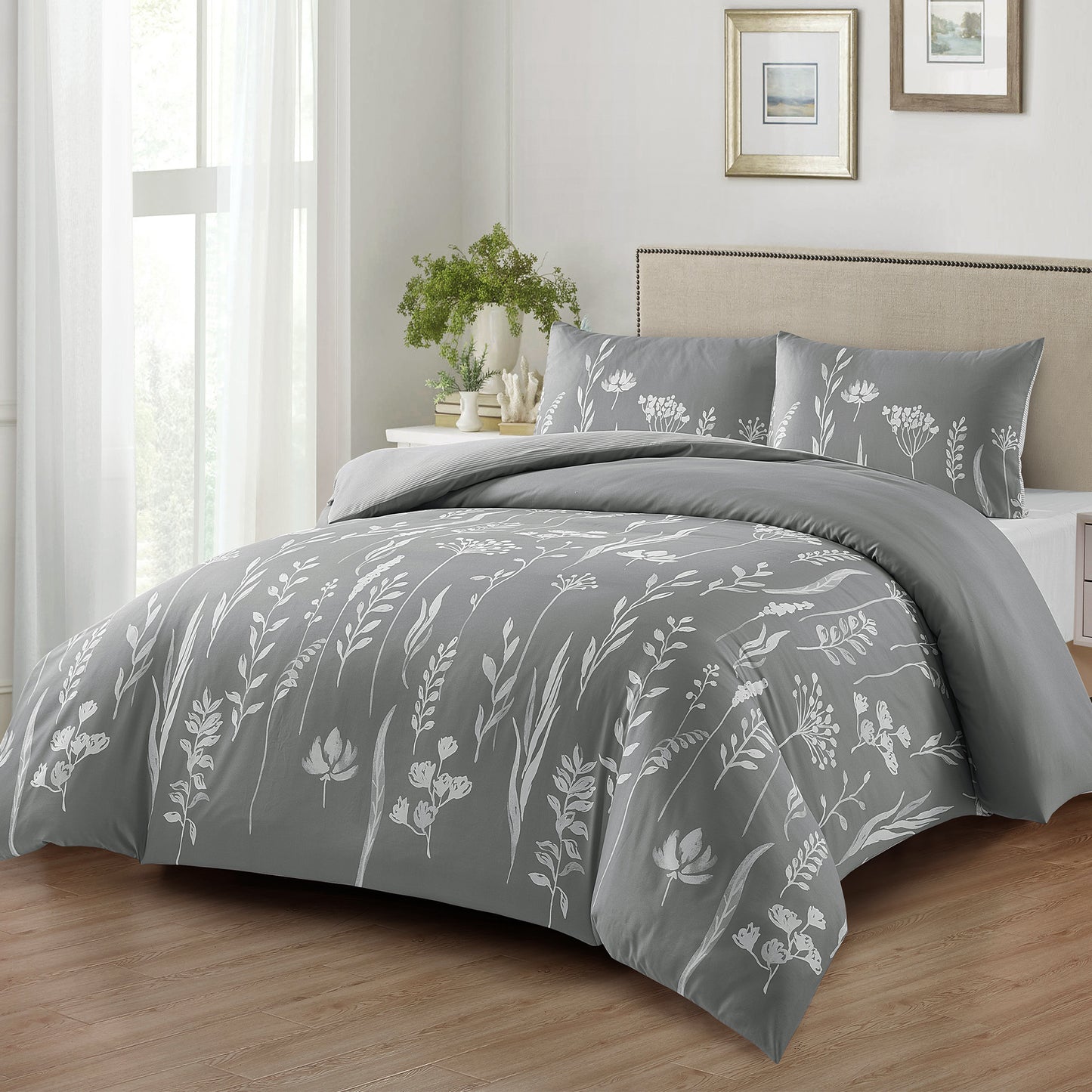 Style Quarters 3PCS Duvet Cover 100% Polyester Grey White FloraDuvet Cover with Zipper Closure 4 Ties Includes 1 Duvet Cover + 2 Shams