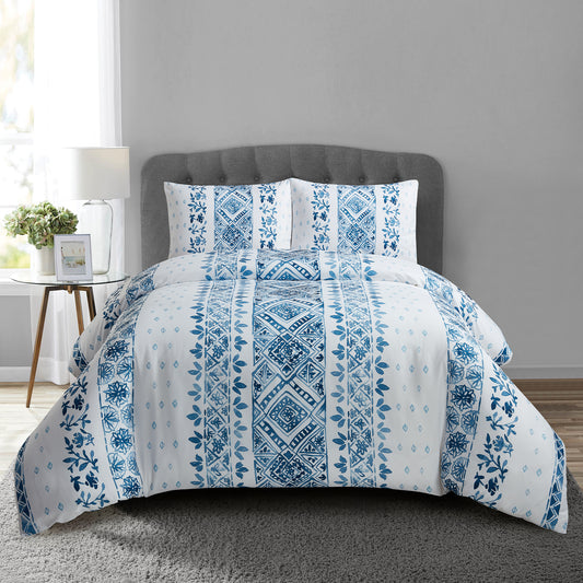 Style Quarters 3PCS Duvet Cover Queen 100% Polyester Blue Boho Queen Size Includes 1 Duvet Cover and 2Pillow Shams