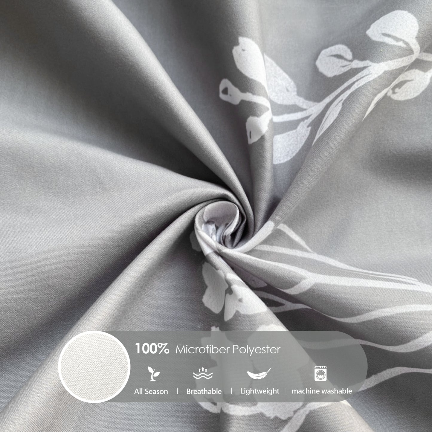 Style Quarters 3PCS Duvet Cover 100% Polyester Grey White FloraDuvet Cover with Zipper Closure 4 Ties Includes 1 Duvet Cover + 2 Shams