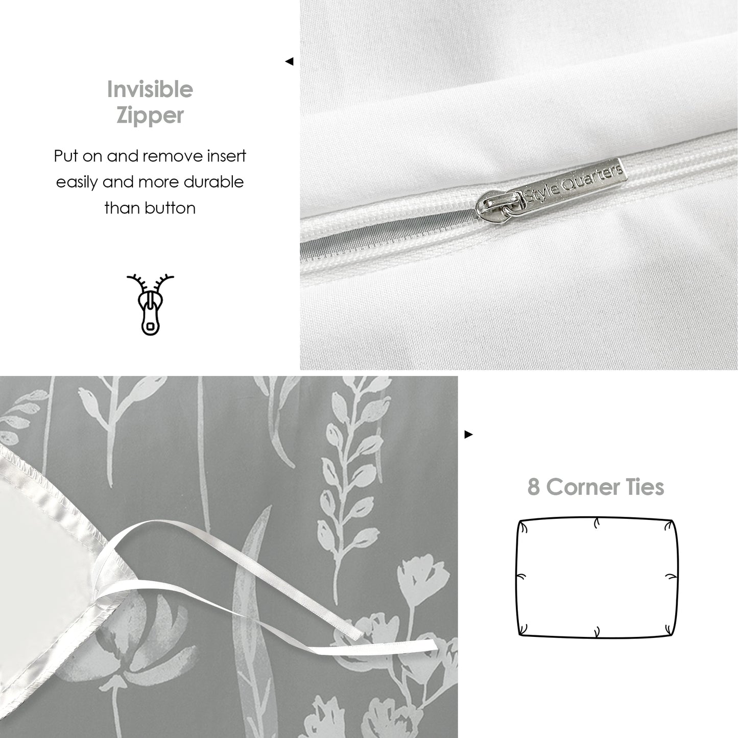 Style Quarters 3PCS Duvet Cover 100% Polyester Grey White FloraDuvet Cover with Zipper Closure 4 Ties Includes 1 Duvet Cover + 2 Shams