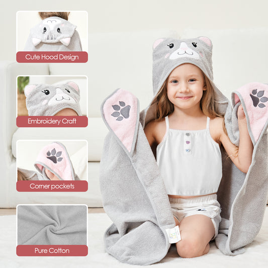 Lasting Comfort for Every Bath Time Adventure: Introducing Our Cartoon Cat Kids Hooded Bath Towel