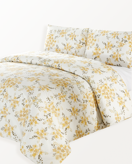Yellow floral 3 Pieces Duvet Cover set includes 1 Duvet Cover and 2 Pillowcases
