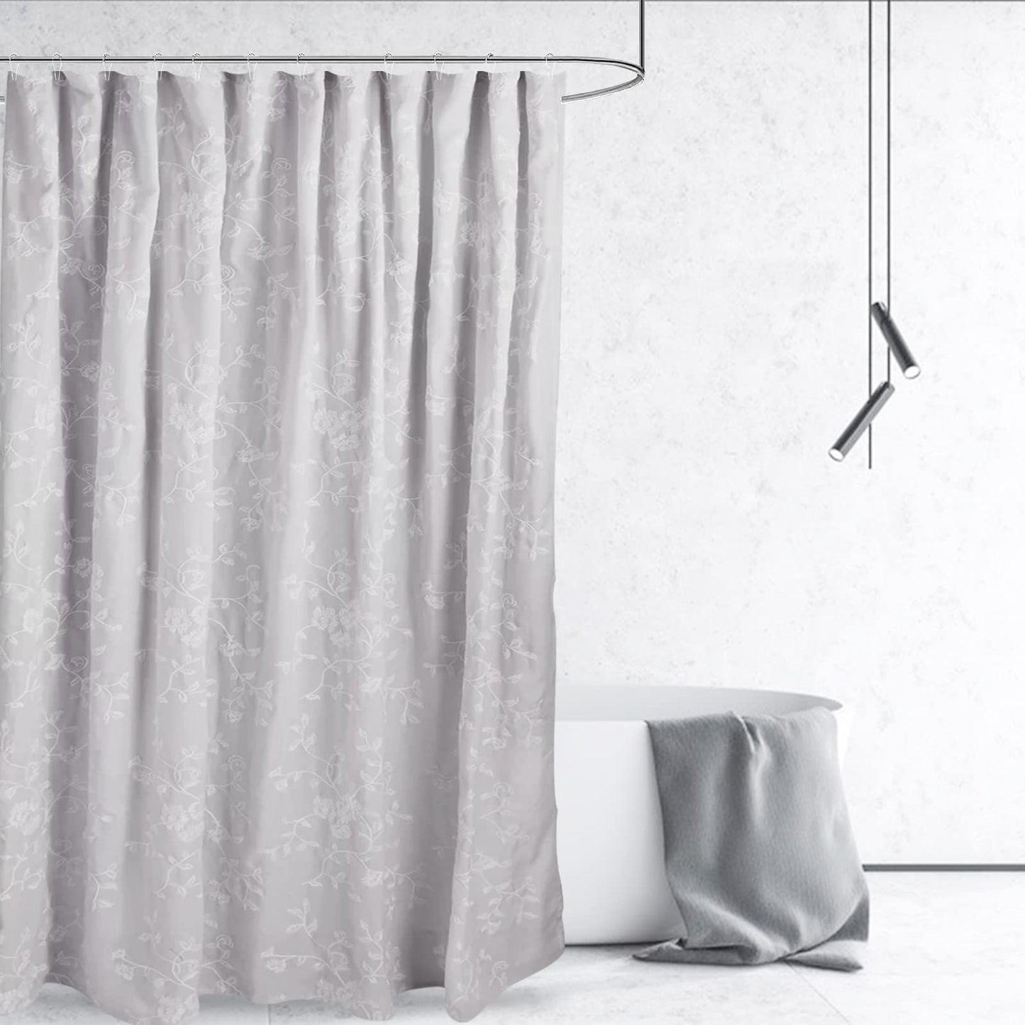 Grey Polyester Shower Curtains for Bathroom Embroidered with Crisp Flowers