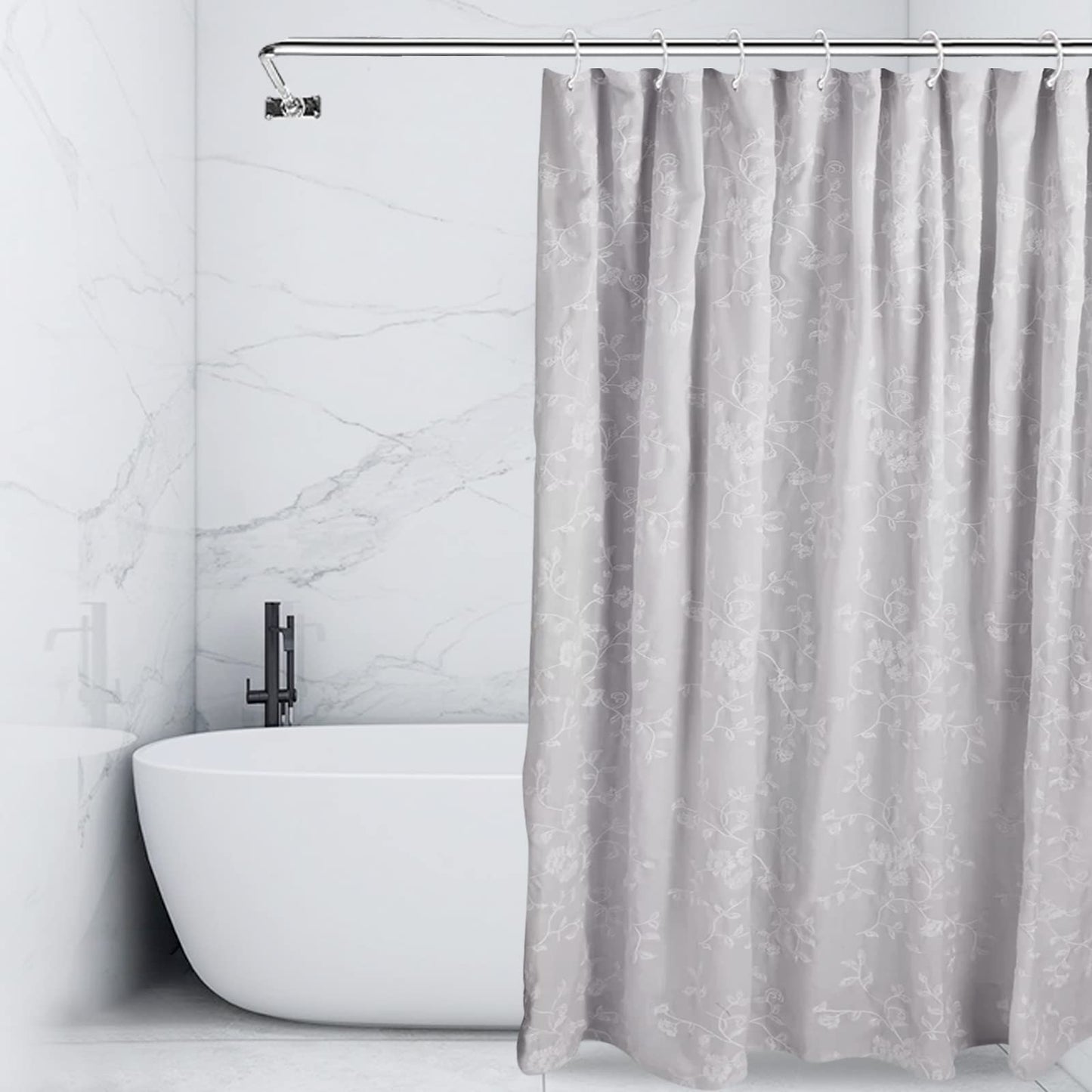 Grey Polyester Shower Curtains for Bathroom Embroidered with Crisp Flowers