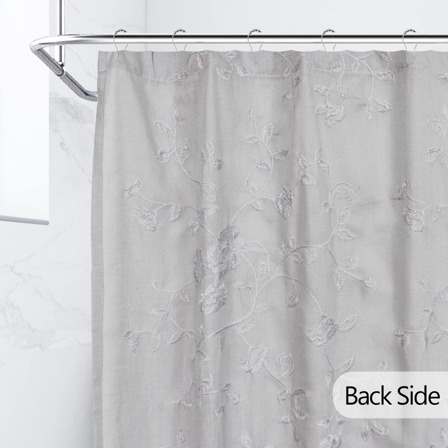 Grey Polyester Shower Curtains for Bathroom Embroidered with Crisp Flowers