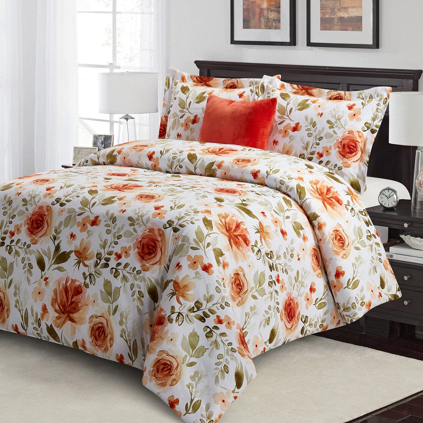 Orange Flower 4 Pcs Comforter Set Includes 1 Comforter, 2 Pillowcases and 1 Decorative Pillow