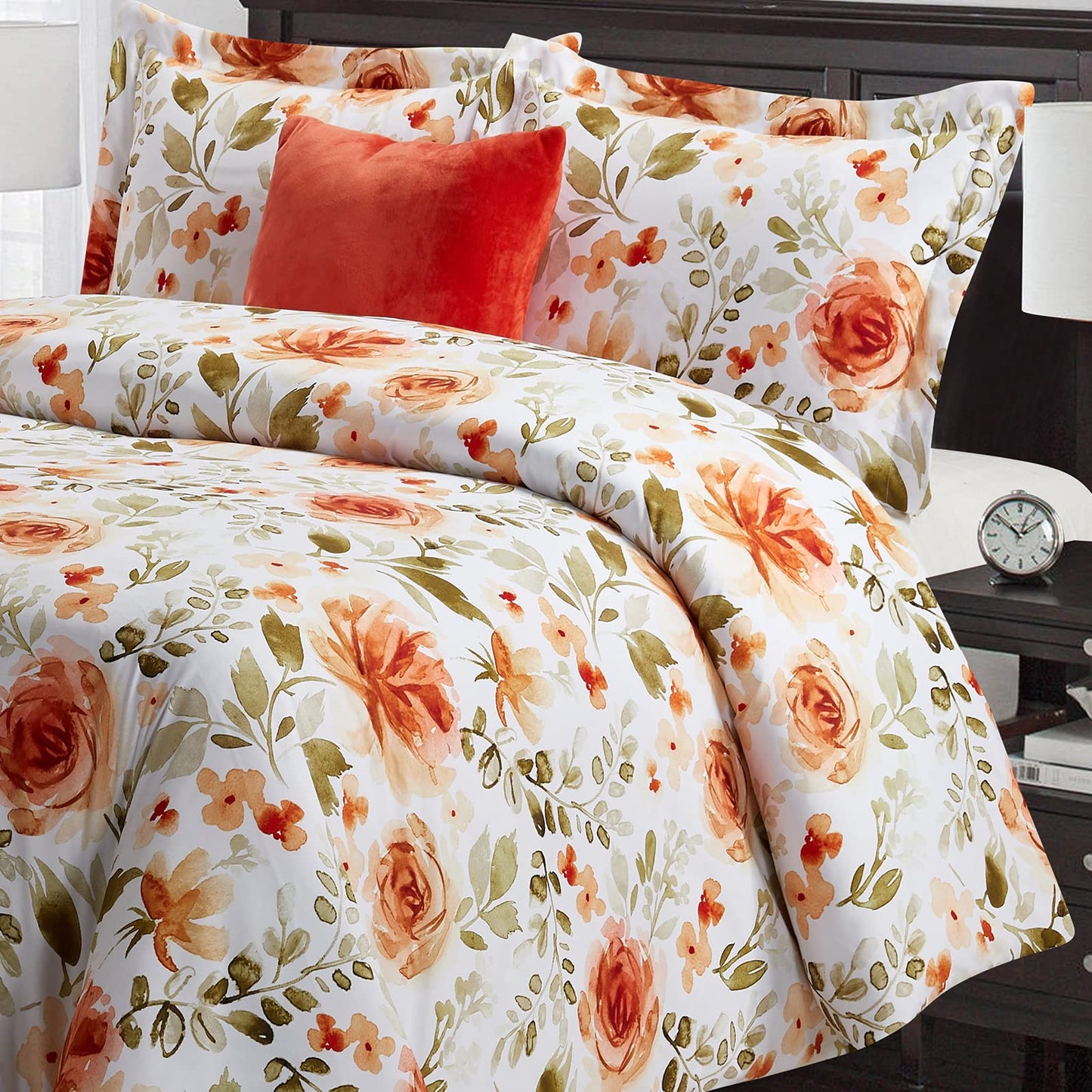 Orange Flower 4 Pcs Comforter Set Includes 1 Comforter, 2 Pillowcases and 1 Decorative Pillow