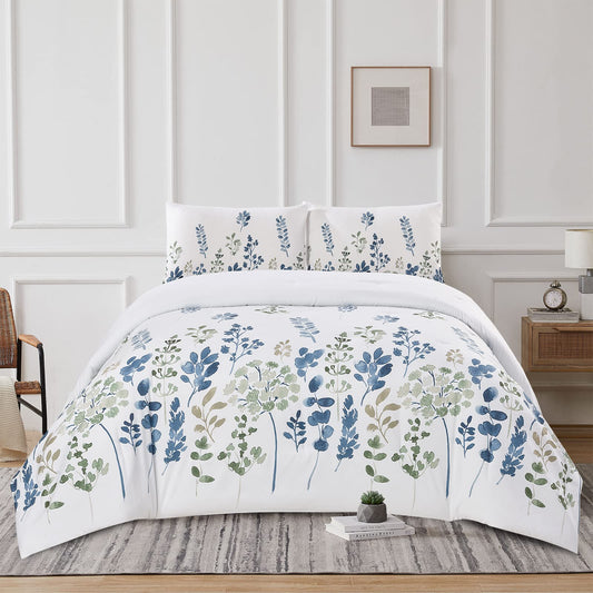 Blue Floral 3 Pieces Duvet Cover set includes 1 Duvet Cover and 2 Pillowcases